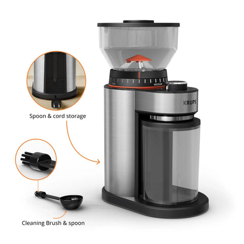 Game Changer Flat Burr Coffee Grinder Delivering Eighteen Precision Grind Options For Bold Espresso Or Smooth Cold Brew crafted with stainless steel, showing spill-proof holder.