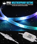 Outdoor 100Ft IP68 Waterproof LED Strip Lights With RF Remote And Bluetooth Music Sync showing connectors and waterproof coating.