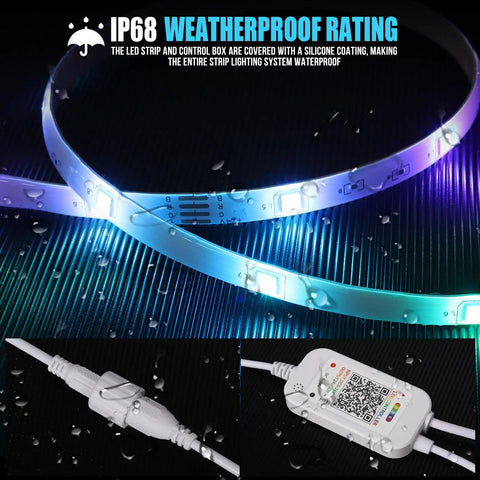 Outdoor 100Ft IP68 Waterproof LED Strip Lights With RF Remote And Bluetooth Music Sync showing connectors and waterproof coating.
