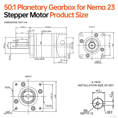 50 To 1 Planetary Gearbox For Nema 23 Stepper Motors With Low Backlash 20 Arcmin 8mm Input Shaft schematic dimensions