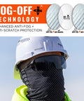Person wearing Oversized Blade Style Anti Fog Safety Glasses Featuring Polarized Tinted Lenses, helmet, and scarf.