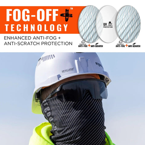 Person wearing Oversized Blade Style Anti Fog Safety Glasses Featuring Polarized Tinted Lenses, helmet, and scarf.