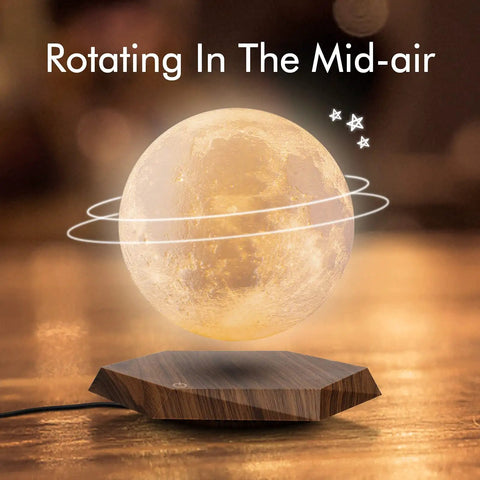 Levitating Moon Lamp With 3 Color Modes Magnetic Floating Moon Light Spins In Air 3D Printing Style Night Light on wooden base