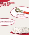 Rope puller winch with metal hook attached to a red braided rope and a coiled white rope