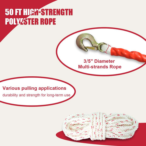 Rope puller winch with metal hook attached to a red braided rope and a coiled white rope