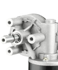 Close-up of the DC 24V 80W Worm Gear Motor with High Torque 4Nm 160RPM Right Angle Reversible Gearbox, showing metal shaft and housing.