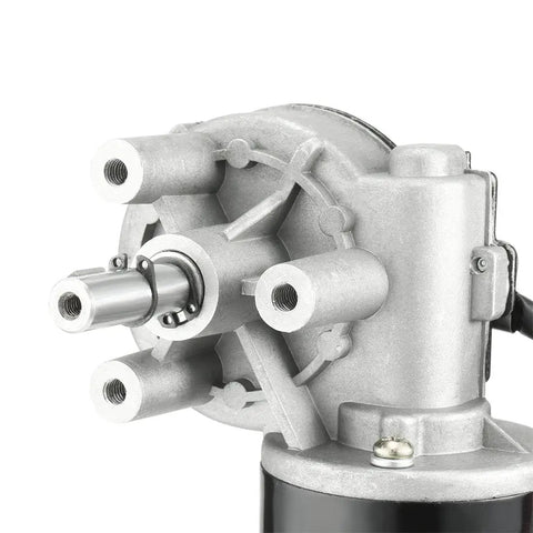 Close-up of the DC 24V 80W Worm Gear Motor with High Torque 4Nm 160RPM Right Angle Reversible Gearbox, showing metal shaft and housing.
