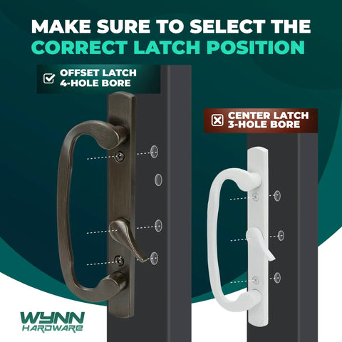 Premium Bronze Sliding Patio Glass Door Handle Set With Offset Latch And Keyed Lock Sash Control display for latch positions.