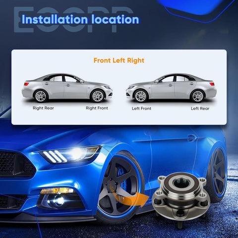 Front Wheel Hub And Bearing Assembly For Mazda 3 2014 2017 And Mazda CX 3 2016 2017 5 Lug 2 Piece ABS Compatible Direct Fit Replacement Wheel Hub Bearings Set For Front Axle shown with car and installation positions.