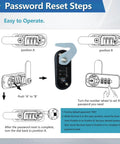 Password reset steps for a combination lock, showing lever positions, numbered dial, and operation instructions.