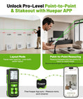 Illustration of 330 Ft Green Laser Measuring Tool With Bluetooth App Control demonstrating layout and point-to-point measuring.