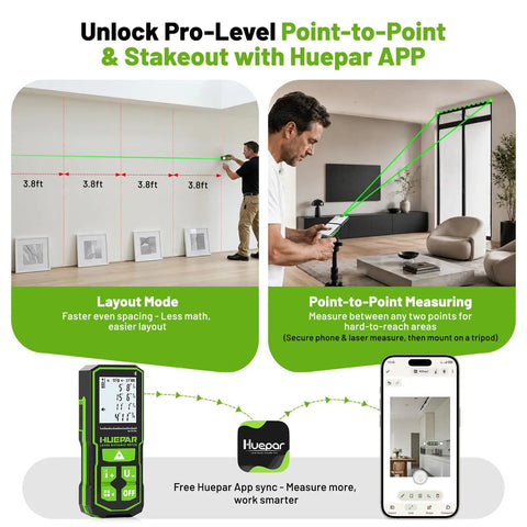 Illustration of 330 Ft Green Laser Measuring Tool With Bluetooth App Control demonstrating layout and point-to-point measuring.
