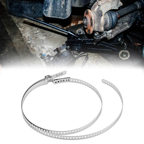 Stainless Steel CV Boot Clamp Kit for ATV and UTV Drives, two crimp clamps shown, installed on vehicle axle for durability.