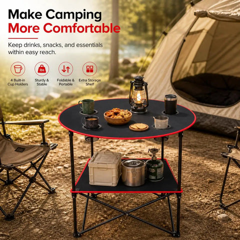 Lightweight Folding Camping Table With 4 Cup Holders Waterproof Canvas Outdoor Table with camping gear near a tent