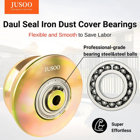Close-up of Jusoo dual seal iron dust cover bearing with steel balls, showing professional-grade steel and smooth design.