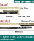Diagram of Heavy Duty Soft Close Drawer Slides for 18mm board, showing stowed and extended states with measurements 520mm to 1100mm.
