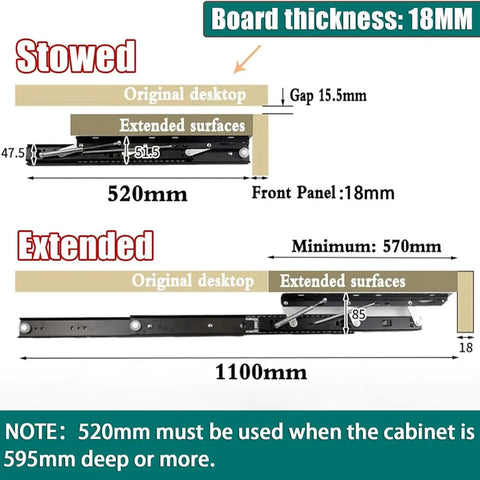 Diagram of Heavy Duty Soft Close Drawer Slides for 18mm board, showing stowed and extended states with measurements 520mm to 1100mm.