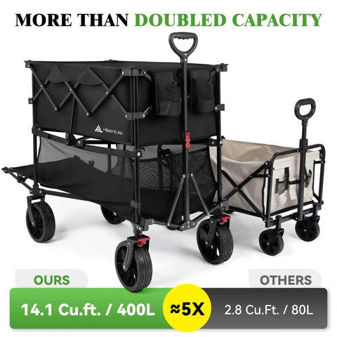 Double Decker Beach Wagon With Big Wheels For Sand Heavy Duty Collapsible Cart Tailgate Access 500 Lbs Capacity Foldable Utility Cart in black
