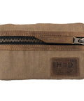 Slim Waxed Canvas EDC Pocket Pouch With Leather Accents, compact zippered tool case, fatigue finish, front view