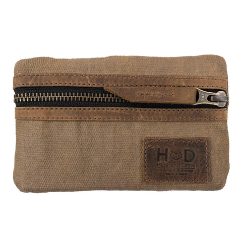 Slim Waxed Canvas EDC Pocket Pouch With Leather Accents, compact zippered tool case, fatigue finish, front view