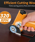 Electric Cordless Scissors With Rechargeable Battery, Power Rotary Cutter cutting leather at 320 RPM with stainless steel blade.