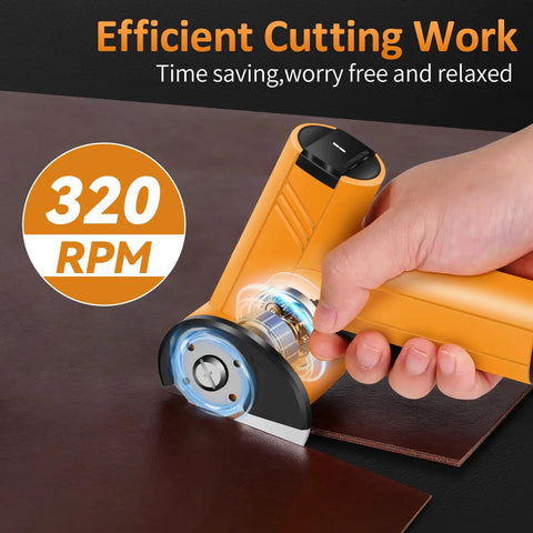 Electric Cordless Scissors With Rechargeable Battery, Power Rotary Cutter cutting leather at 320 RPM with stainless steel blade.