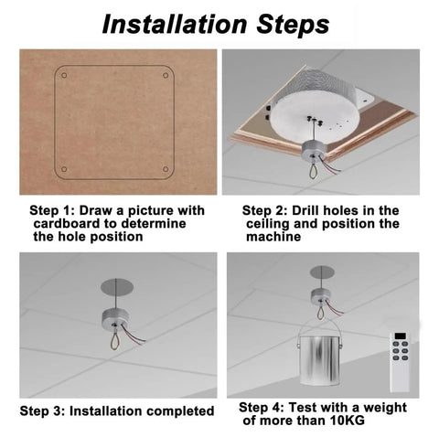 Installation steps for Heavy Duty Electric Hoist Lifter For Chandeliers With 6M Height And Dual Control Modes for ceiling mounting.