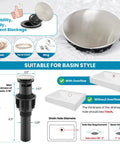Diagram of pop up drain, brushed nickel finish, with dimensions and suitability for widespread 8 inch bathroom faucet systems.