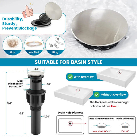 Diagram of pop up drain, brushed nickel finish, with dimensions and suitability for widespread 8 inch bathroom faucet systems.