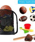 Heavy Duty Mesh Drawstring Bags Set For Sports Gear with basketball, shoes, and racket, breathable 600D nylon and sand-proof bottom