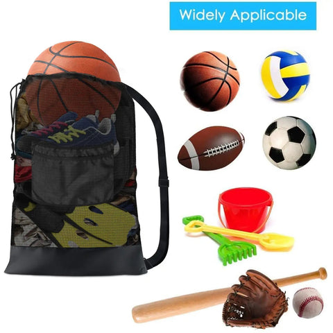 Heavy Duty Mesh Drawstring Bags Set For Sports Gear with basketball, shoes, and racket, breathable 600D nylon and sand-proof bottom