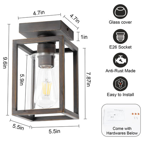 Semi Flush Mount Ceiling Light With Bronze Metal Frame And Clear Glass Shade, Farmhouse Style Fixture, dimensions 9.6x5.5 inches