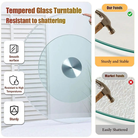 Comparison of Two Tier Tempered Glass Lazy Susan Turntable For Tabletop Serving 360 Degree Silent Rotating Tray; sturdy vs shattering