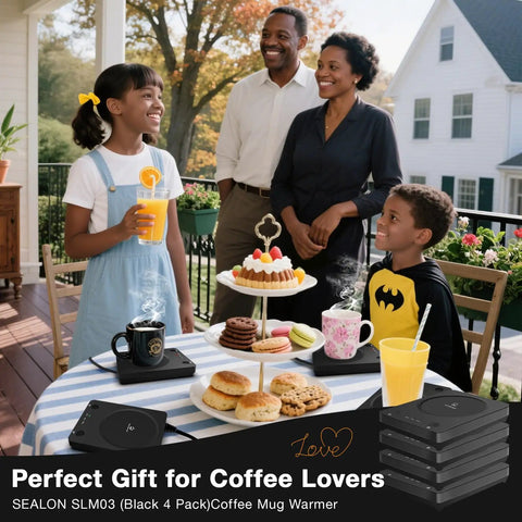 Keep Your Coffee Tea And Cocoa Toasty With This Slick Black Four Pack Electric Cup Heater Boasting Three Custom Heat Levels And A Universal Mug Fit That Slides Right Into Every Office Or Home with drinks and family.