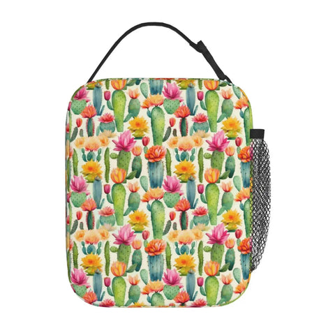 Desert Cactus Floral Insulated Lunch Tote for Office, Picnic and Camping, Portable Reusable Lunchbox with bright floral print