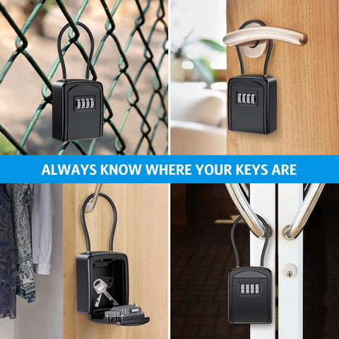 Outdoor Key Lock Box With 4-Digit Combination hanging on various doors and fences, showcasing water-resistant design for secure key storage.