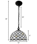 Tiffany Style Hanging Pendant Lamp 12 Inch Stained Glass With White Jeweled Inset shown with measurements and chain details.