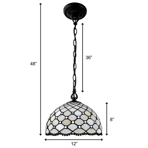 Tiffany Style Hanging Pendant Lamp 12 Inch Stained Glass With White Jeweled Inset shown with measurements and chain details.