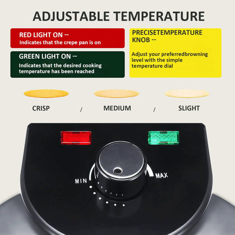 Electric Tortilla Press Machine 2000W With Adjustable Temp Control Heated Plate, temperature dial and indicator lights.