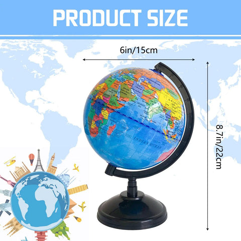6 Inch Educational World Globe With Stand For Kids, Rotating Political World Map, kid friendly geography teaching aid with stand