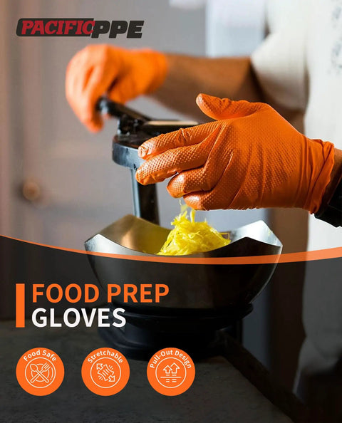 Extra Thick 8 Mil Orange Nitrile Work Gloves Heavy Duty Disposable Knit Cuff For Mechanics And Tradesmen Bulk 100 Pack used for food prep with shredded ingredients.