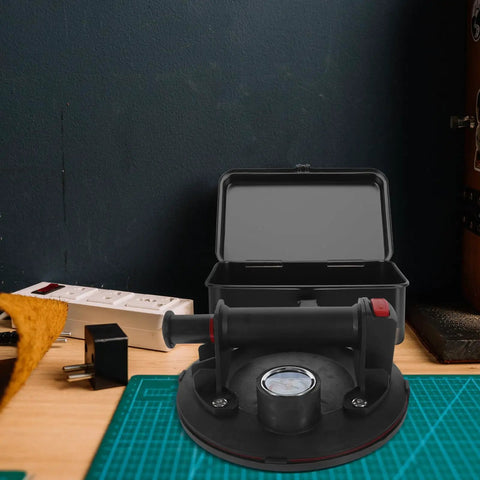 Heavy Duty Glass Suction Cup Lifter With Pressure Gauge And Thickened Rubber Build on a workbench with tools.