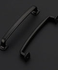 Set Of 10 Matte Black 5 Inch Arch Pulls With Curved Flat Square Design Solid Zinc Alloy Construction Cabinet Handles on black background
