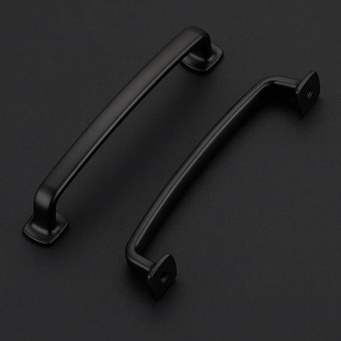 Set Of 10 Matte Black 5 Inch Arch Pulls With Curved Flat Square Design Solid Zinc Alloy Construction Cabinet Handles on black background