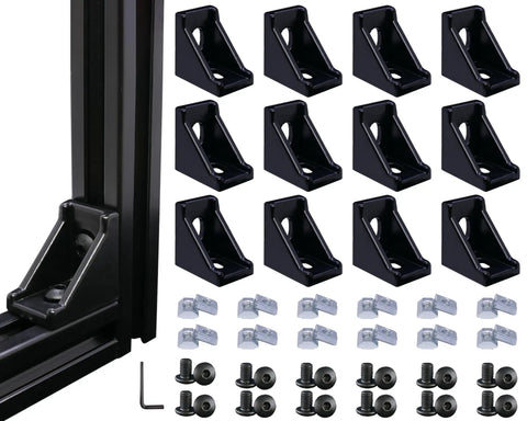 12 Pack 2020 Aluminum Extrusion Corner Brackets in Black with 24 Sliding T Nuts and Screws 90 Degree Connectors for 2020 Series