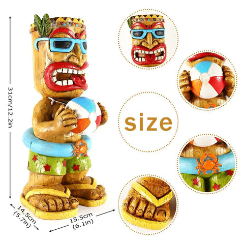 16.7 Inch Tiki Garden Statue With Solar Powered Lantern Lights, Large Hawaiian Tiki Man Figurine for Outdoor Patio Yard Bar Beach Pool Pond