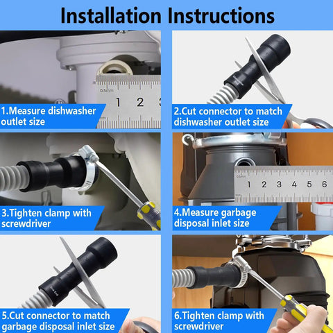 Installation steps for Six Foot Universal Dishwasher Drain Hose With No Fuss Trim To Fit Eleven Sixteenth Inch Or One And One Eighth Inch Dishwasher End And Five Eighth Inch Three Quarter Inch Or One Inch Sink Or Garbage Disposal End With Stainless Steel Clamps, showing measurement and tightening process.