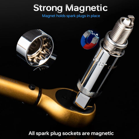 Beefy Pro Grade Magnetic Spark Plug Socket Kit With Three Eighth Inch Drive Torque Wrench Includes 14mm, 16mm, 18mm sockets, magnetic spark plug socket shown holding plug