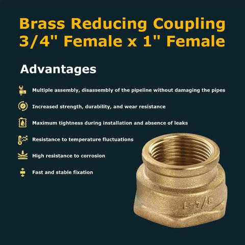 Reducing Coupling 3/4 Inch Female To 1 Inch Female NPT Thread Brass Fitting For Piping Easy Install Tight Seal Durable Brass Construction
