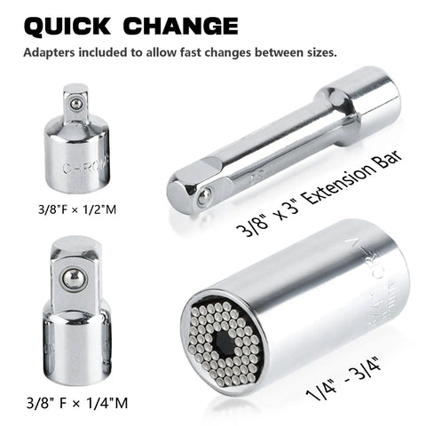 Quick change adapters and extension bar from the Torx Socket Set With Quarter Inch Three Eighths Inch And Half Inch External Heavy Duty Sockets 53 Piece Kit Featuring Tamper Proof E Torx Extra Long Spline Tips And Universal Socket Durable S2 Steel Chrome Vanadium CR V.